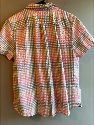 L.L.Bean Vacationland Seersucker Short Sleeve Popover Plaid Shirt Pink Green thumbnail 9