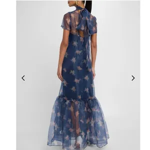 STAUD Botanical Navy Calluna Organza Mesh High Neckline Tie Back Gown size Small thumbnail 6