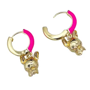 🐶BETSEY JOHNSON Frenchie Enamel Hoop Earrings / Gold Tone Hot Pink thumbnail 6