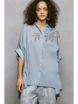 POL Button Down Embroidered‎ Floral High-Low Hem Shirt thumbnail 2