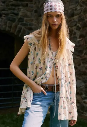 Free People Bohemian Prairie Sundown Mini Dress Tunic Top Ivory Combo Large thumbnail 1