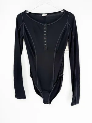 NWT Free People Sloane Henley Bodysuit Womens S Black Textured Long Sleeve thumbnail 3