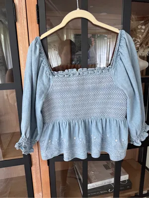 American Eagle babydoll top Denim Smocked Peplum square Puff Sleeve Embroidered thumbnail 5