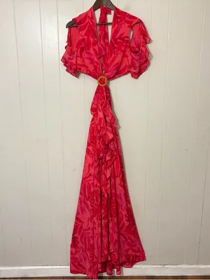 VICI Carlita Ruffle Cutout Maxi Dress Red Pink Tropical Size Medium M thumbnail 3