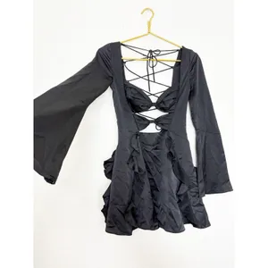 Oh Polly Adria Long Sleeve Bow Mini Dress Size 2 Black Satin Ruffle Lace Up Back thumbnail 12