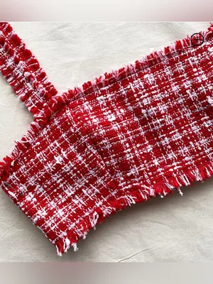 Self Portrait Red & White Boucle Square-Neck Crop Top size 6 thumbnail 4