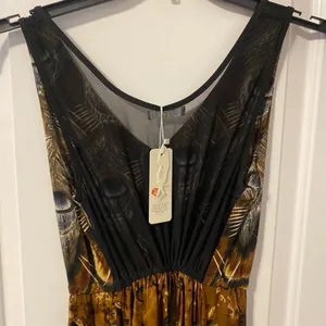 Julia Peacock Feather Maxi Dress Womens Medium Brown Mesh Inset Long Sundress NW thumbnail 3