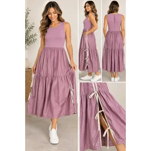 Daily Practice by Anthropologie Mauve Purple Tiered Mixed Media Midi Dress Large thumbnail 2