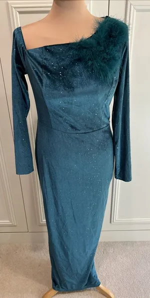 Aomei Teal Velvet Sparkle Maxi Dress Stretch Old Hollywood Glamour Opera Theater thumbnail 1