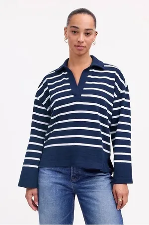 Madewell Rugby Polo Tee Navy White Stripe Oversized Coastal Preppy Size S thumbnail 1