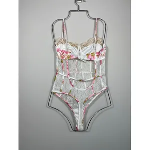 For Love & Lemons Floral Lace Bustier Bodysuit Small Pink White thumbnail 2