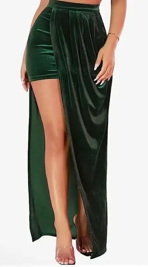 Boho Asymmetrical Velvet High Waisted Bodycon Draped Maxi Skirt Dark Green S thumbnail 1