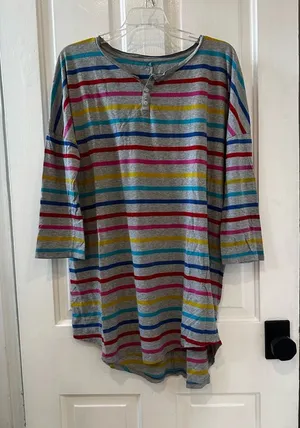 GAP Striped Henley Oversized Sleep Shurt in Gray with Blue, Teal & Red Stripes thumbnail 1