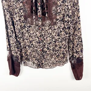SANDRO Baroque Brown Paisley Print Sheer Lace Trim Blouse Size Small Boho Chic thumbnail 8