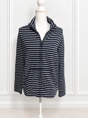 L.L.Bean Ultrasoft Sweats Full Zip Mock Neck Jacket Navy Stripe Women’s L thumbnail 3