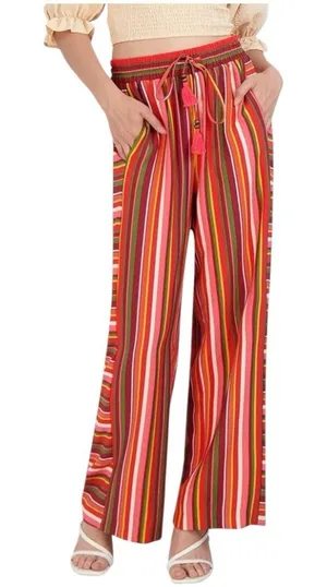 BCBG BCBGeneration‎ Striped Wide Leg Tassel Drawstring Pants M Red Size M thumbnail 1