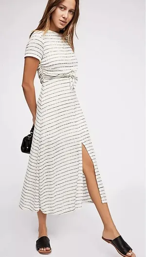 Free People Womens Striped Tie Front Ribbed Knit Maxi Dress Ivory Black Size‎ XS thumbnail 1