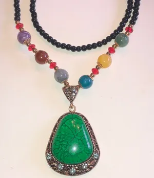 Multicolor Beaded Boho Chunky Necklace with Green Pendant thumbnail 1