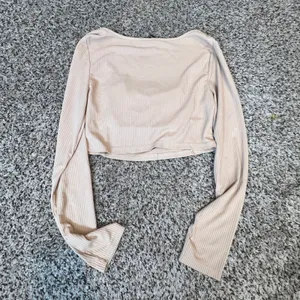 SHEIN Womens Ribbed Long Sleeve Crop Top Beige Square Neck‎ Ruched Bust Large thumbnail 6