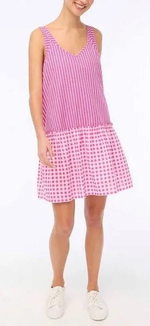NWT J. Crew Bright Pink Gingham and Stripes Cover Up Summer Dress - Size Small thumbnail 1