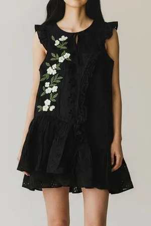 Zara Delicate Eyelet Floral Daisy Embroidered Sleeveless Mini Dress Large Black thumbnail 1
