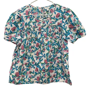 J.Crew Floral Puff Sleeve Top Womens Medium White Blue Pink Smocked Boho Blouse thumbnail 1