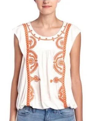 Free People Embroidered Blouse Womens XS White‎ Orange Boho Gauze Bubble Hem Top thumbnail 1