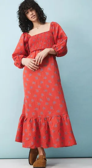 Red Floral Cotton Linen Dress S thumbnail 1