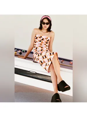 By Anthropologie Printed Strapless Slim Ruched Geometric Midi Dress thumbnail 4