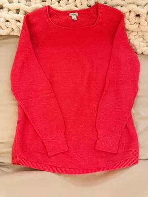 LL Bean Red Textured Knit Long Sleeve Button Cuff Crew Neck Sweater Medium thumbnail 3