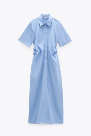 ZARA Blue Ruched Buttoned Slit Midi Dress thumbnail 3