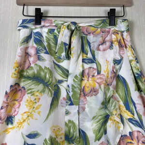 Tropical Floral Ruffle High Low‎ Maxi Skirt White Pink Green Hibiscus Wrap Style thumbnail 2