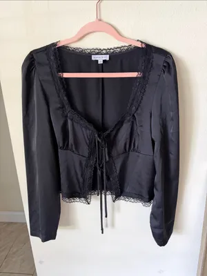 Gianni bini black satin goth lace square neck tie front top blouse L thumbnail 2