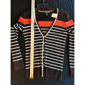 Lauren Ralph Lauren Brown Striped Ribbed V-Neck Cardigan Sweater Orange White M thumbnail 6