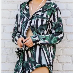 Revolve Plush Tropical Black White Striped Shirt and Short Sleep Set Leaf Print thumbnail 11