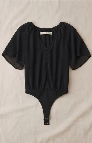 $59 Abercrombie and Fitch Black Flutter Sleeve Swiss Dot Button Bodysuit XS thumbnail 1