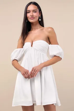 NWT Lulus My Dream Date White Off-the-Shoulder Mini Dress Babydoll Party Size L thumbnail 1