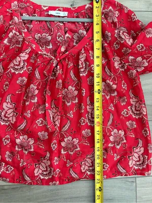MNG Mango Red Paisley Floral Square Neck Elbow Balloon Sleeves Cotton Linen Top thumbnail 8