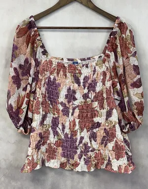 Old Navy Smocked Puff Sleeve Floral Top Women XXL Stretch‎ Flowy Cottage Boho thumbnail 1