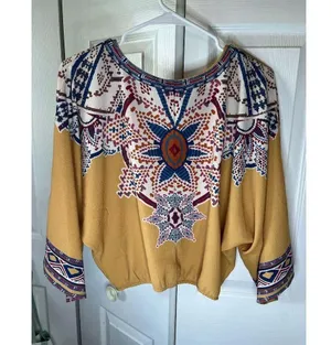 Flying Tomato Women's Boho Blouse M Multicolor Aztec Print Faux Wrap Emb… thumbnail 3