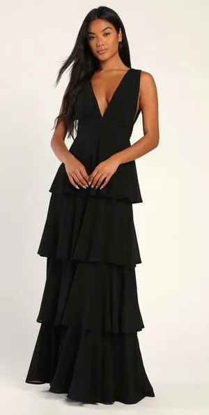 Lulus Amazing Evening Black Tiered Maxi Dress Bridesmaid Wedding Banquet Small thumbnail 1