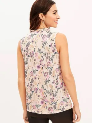 NWT Loft Floral Pintuck Ruffle Tie Neck Mixed Media Shell Top thumbnail 2