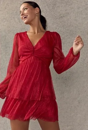 Francescas Red Metallic Tiered Mini Dress Sleeve S NWT y2k party festive dainty thumbnail 1