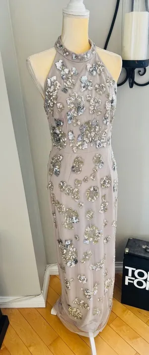 Adrianna Papell Sequin Floral High Neck Column Gown, Size‎ 8, Marble/Mauve, NWT thumbnail 1