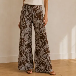 DeFacto 100% Viscose Chocolate Brown Botanical Wide Leg Pants Small Boho Resort thumbnail 2