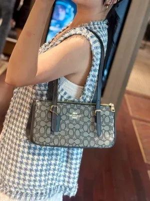 NWT Coach Asher Shoulder Bag In Signature Jacquard CBJ03 Gold/Navy/Midnight Navy thumbnail 7