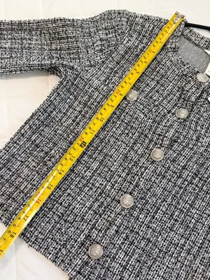 H&M Tweed Plaid Cardigan Jacket Black White Cropped Preppy Quiet Luxury Academia XS thumbnail 7
