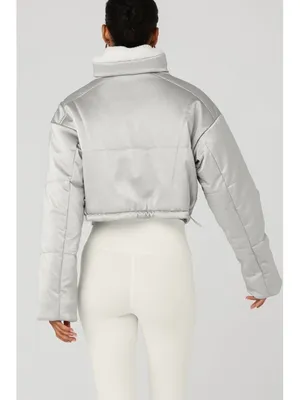 Alo Orion Cropped Puffer Silver Ivory Shiny Metallic Warm Sherpa-Lined Coat L thumbnail 2