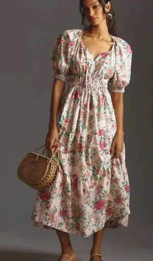 Anthropologie The Somerset Floral Maxi Dress Puff Sleeve Small $168 thumbnail 1