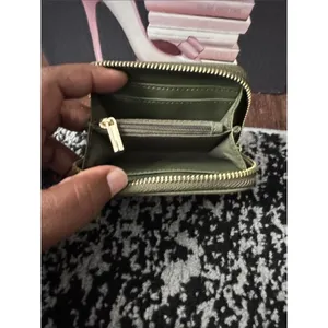 Nanette Lepore Olive Green Pebbled Leather Card Holder with Gold Logo thumbnail 3